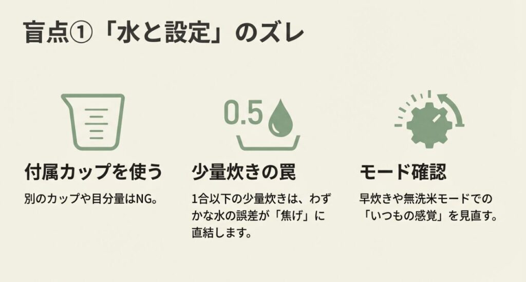 盲点①「水と設定」のズレ:付属カップ・少量炊きの罠・モード確認