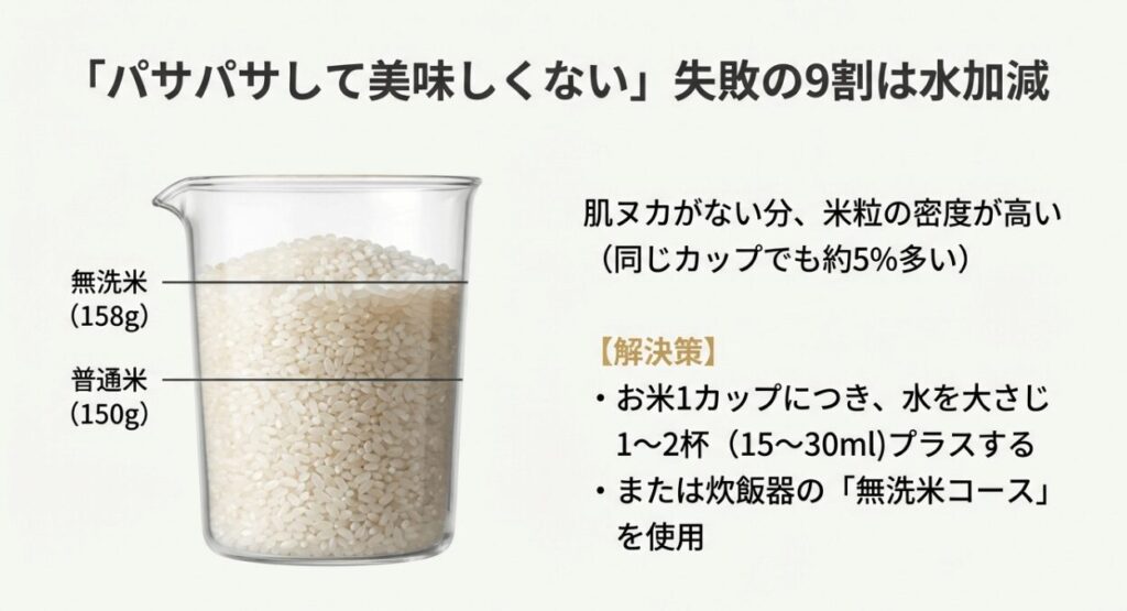 無洗米と普通米の計量カップあたりの重量（密度）の違いを示すビーカーの比較写真