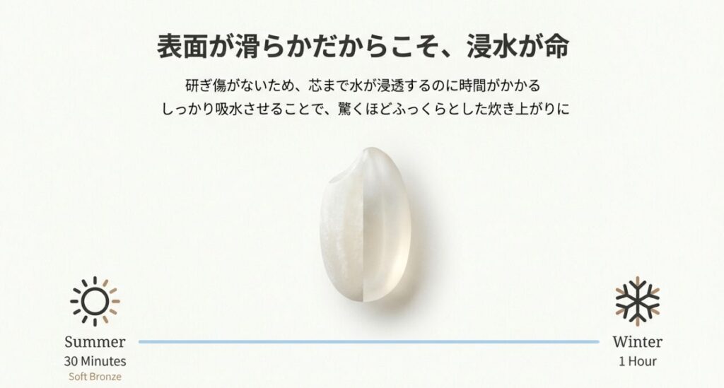 無洗米を美味しく炊くための季節ごとの浸水時間（夏30分・冬1時間）の目安
