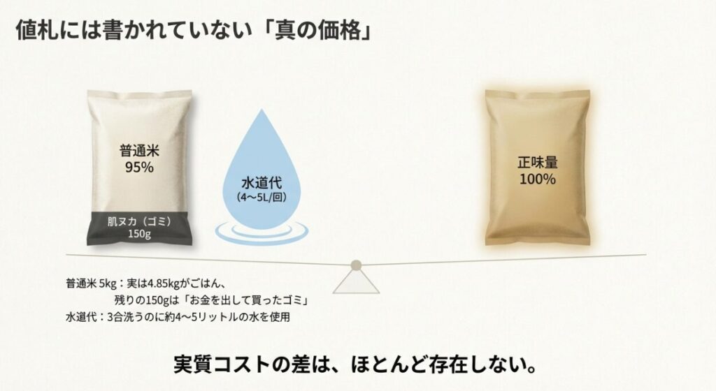 肌ヌカの重量と水道代を考慮した無洗米と普通米の実質コスト比較図
