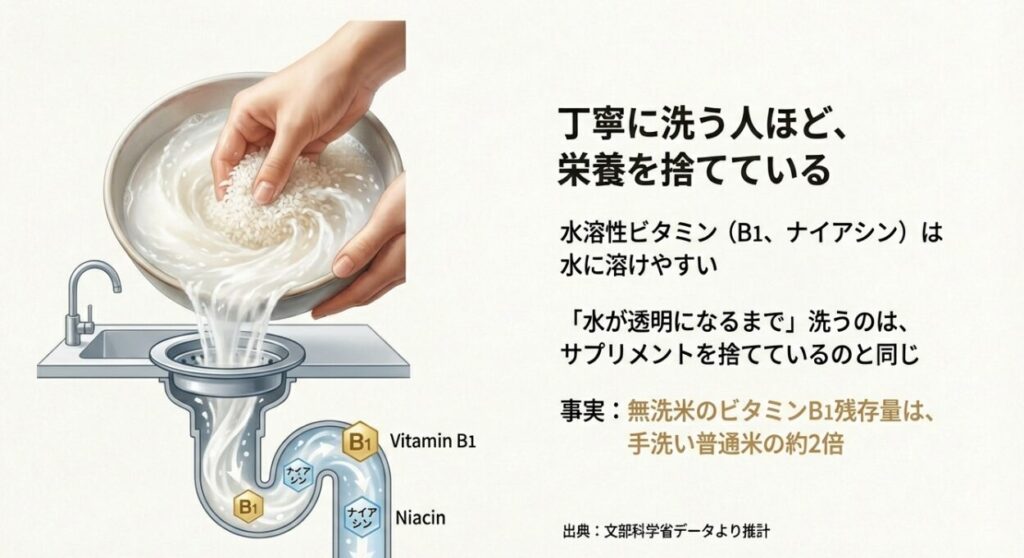 洗米による水溶性ビタミン（B1・ナイアシン）の流出イメージ図