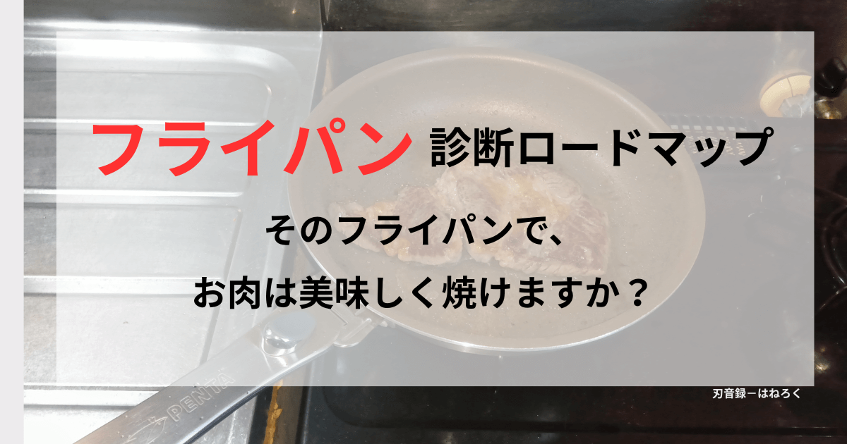 フライパンで焼いたステーキの画像。フライパン診断ロードマップのテキストがある。