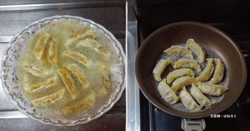 油なしで綺麗に焼き上がった冷凍餃子とPENTAのフライパン