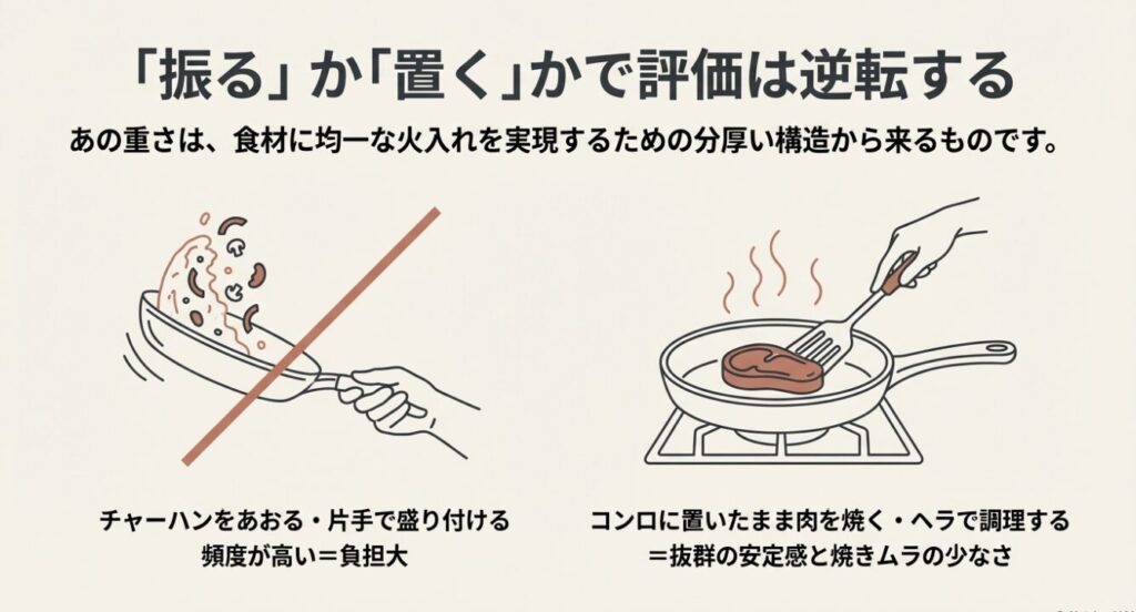 フライパンの使い方の違い：振るか置くか
