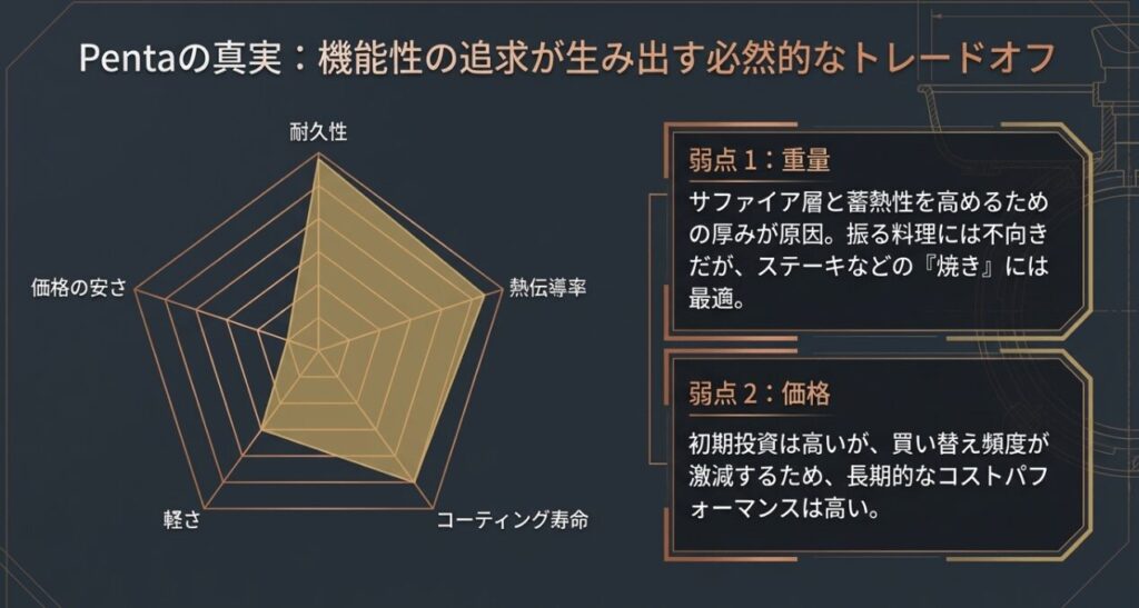 ペンタの耐久性と熱伝導率の高さ、そして重量と価格のトレードオフを示すレーダーチャート