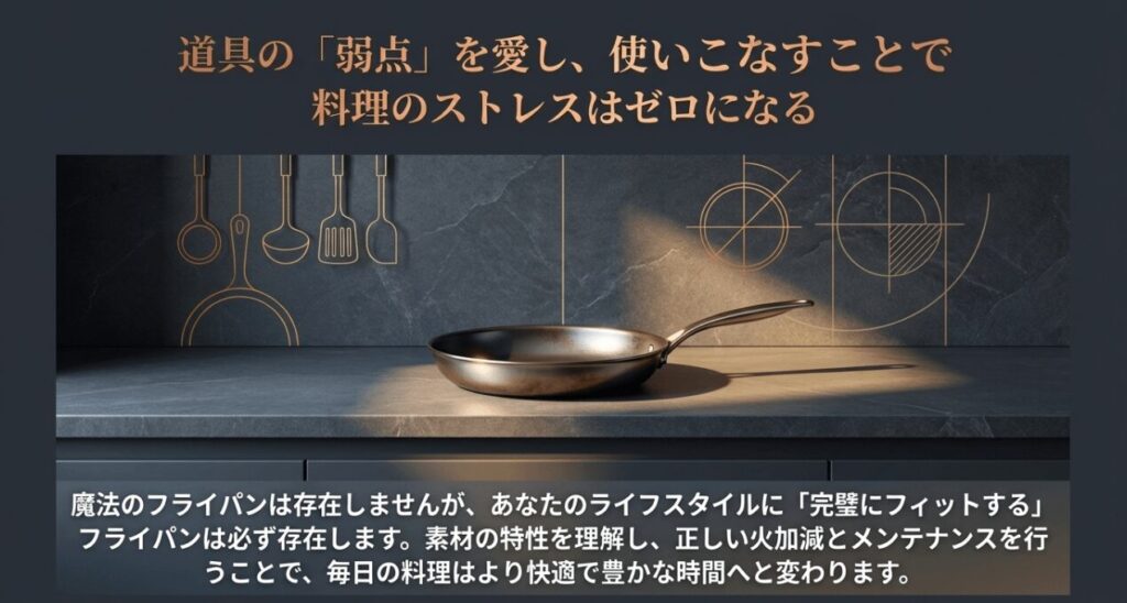 魔法のフライパンは存在しないが、弱点を理解して使いこなすことで料理のストレスがなくなるというメッセージ画像