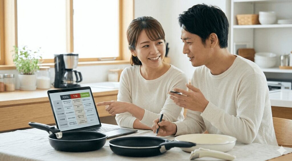 パソコンの比較表を見ながら、自分たちに合ったフライパンを笑顔で相談して選んでいる夫婦