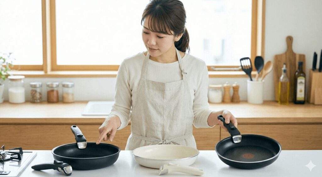 キッチンカウンターに並べた3種類の着脱式フライパン(ペンタ・ティファール・グリーンパン)を比較している女性