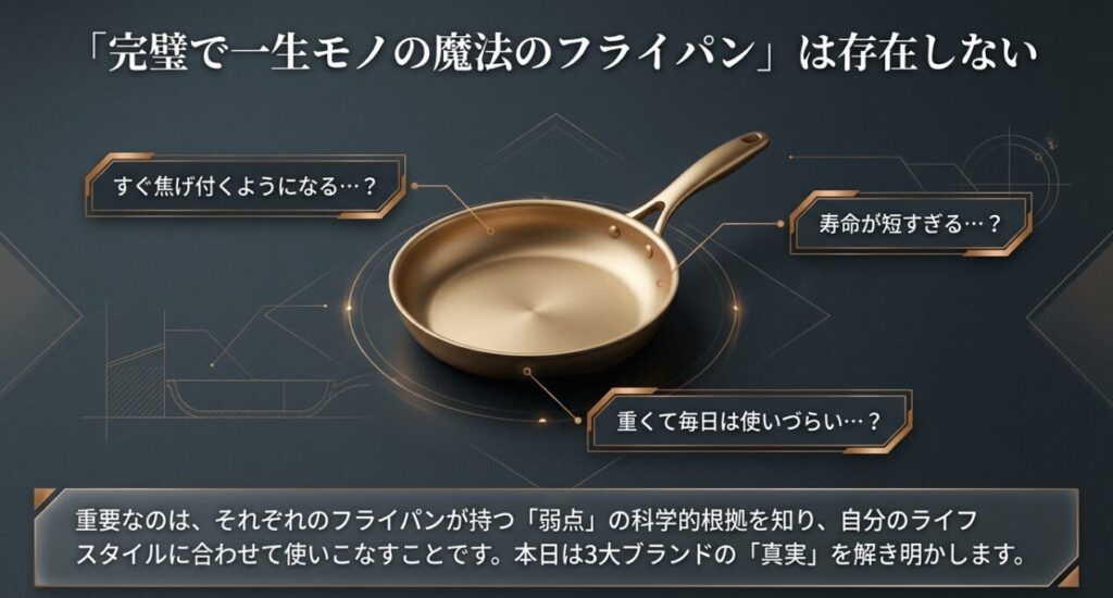 「すぐ焦げ付く」「寿命が短い」「重くて使いづらい」といったフライパン選びでよくある3つの悩み