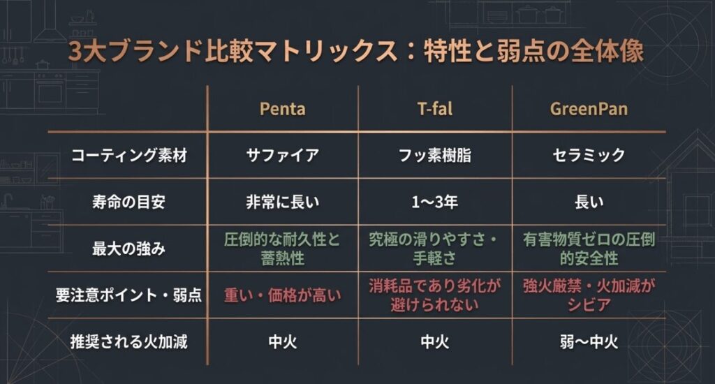 ペンタ・ティファール・グリーンパンのコーティング素材、寿命、最大の強み、要注意弱点、推奨火加減をまとめた比較表