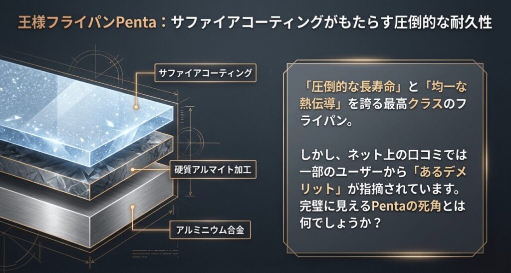 サファイアコーティング、硬質アルマイト加工、アルミニウム合金からなるペンタの多層構造図
