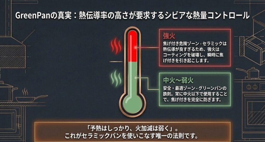 グリーンパンでは強火がコーティングを破壊する危険ゾーンであり、中〜弱火が最適な安全ゾーンであることを示す図解