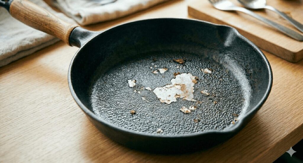 中央部分の黒い塗装が大きく剥がれ、銀色の地肌が見えている柳宗理のマグマプレート鉄フライパン