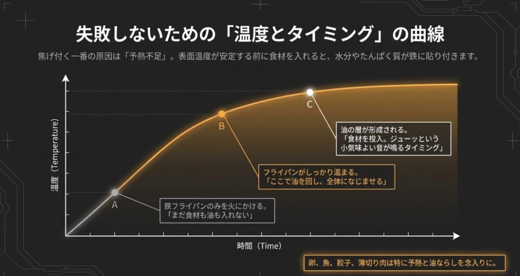 予熱不足を防ぐための、鉄フライパンの温度上昇と油・食材を入れる最適なタイミングの曲線