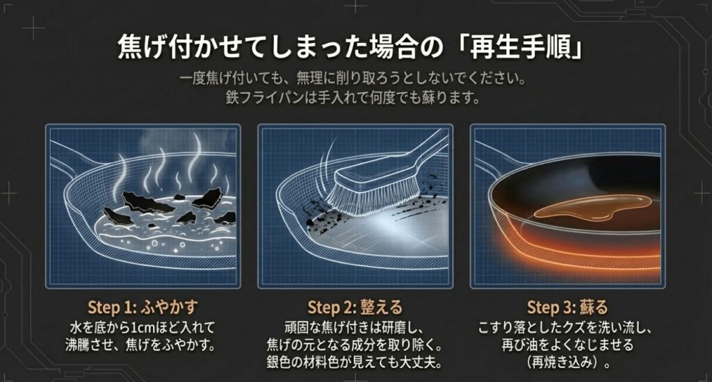 水を沸騰させて焦げをふやかし、ブラシ等で研磨して整え、再び油をなじませる再生手順のイラスト