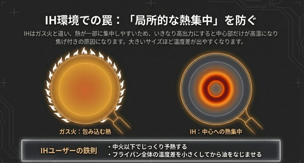ガス火は包み込むように熱が伝わるのに対し、IHは中心へ熱が集中しやすいため、中火以下での予熱が重要です