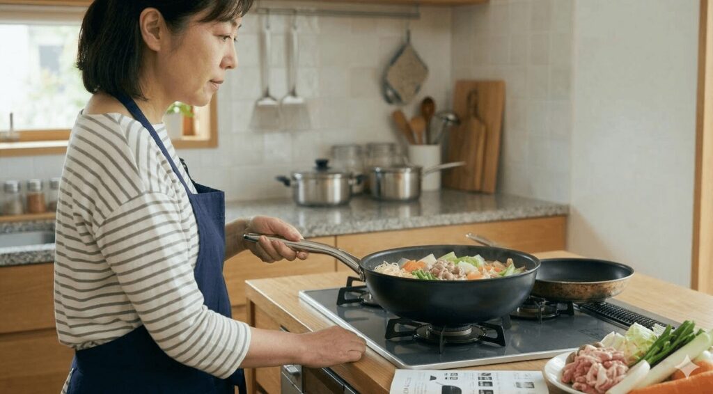キッチンでペンタの深型フライパンを使って調理をする女性。コンロの上で肉や野菜を炒めており、手元には食材が用意されています。