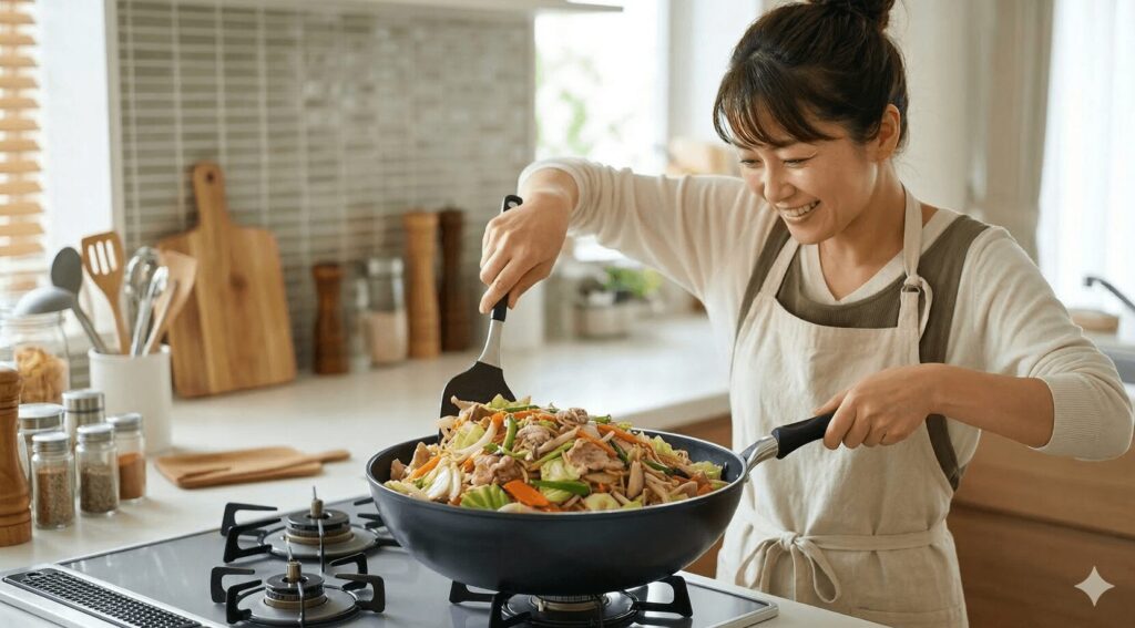 ンタ深型28cmの大容量を活かした調理。山盛りの野菜炒めも余裕でこなせるサイズ感。