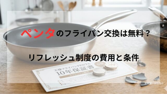 新品のペンタフライパンと10年保証書。傍らには古びたフライパンがみえる。