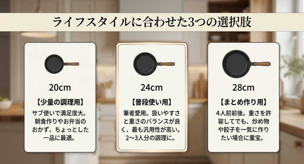 ライフスタイルに合わせた王様フライパンPENTAの3つのサイズ（20cm・24cm・28cm）