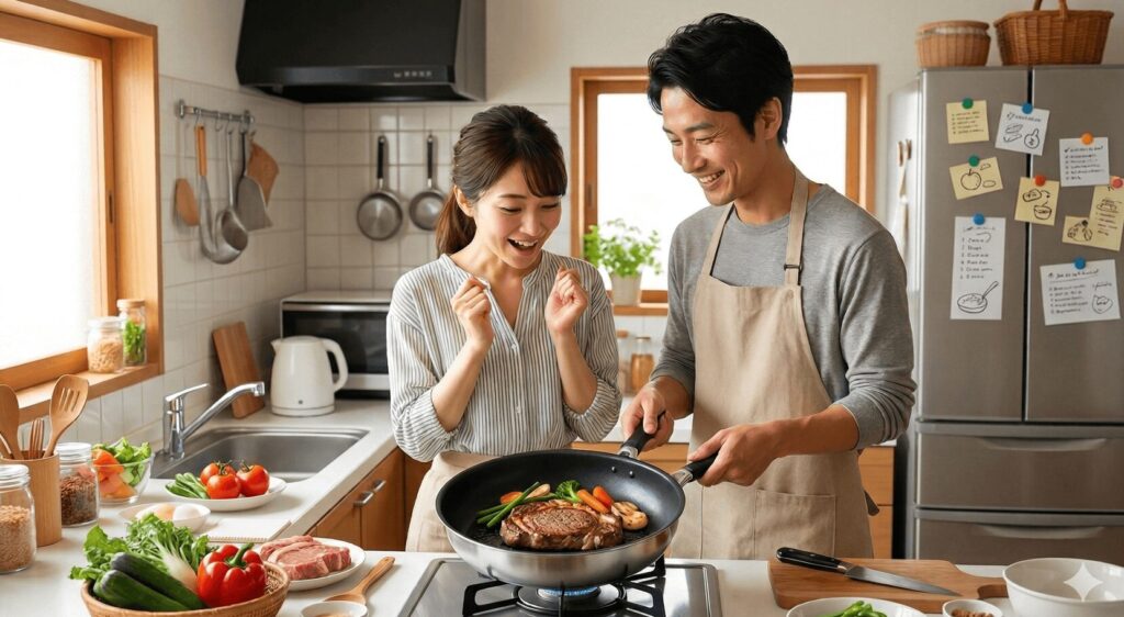 王様フライパンPENTAを使ってキッチンで楽しくステーキを焼く夫婦