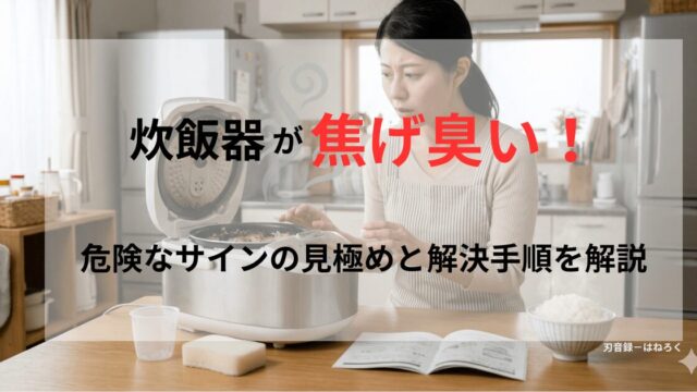 炊飯器から焦げ臭いにおいがして焦っている主婦。炊飯器の中身がわずかに見え、米が焦げている様子がうかがえる。