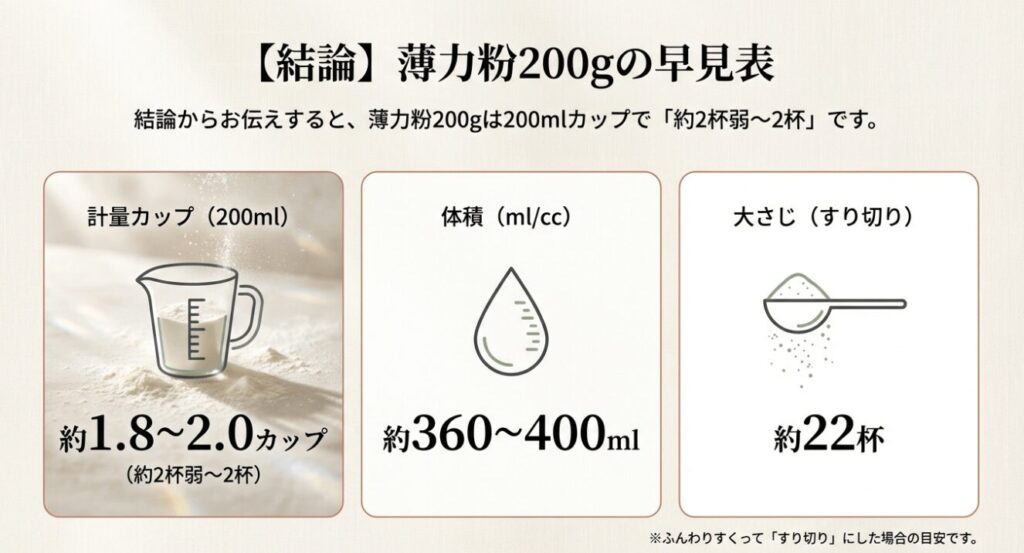 薄力粉200gの計量カップ、体積、大さじでの換算早見表