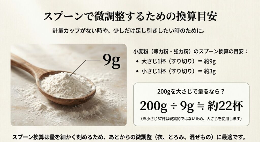 スプーンで微調整するための換算目安、大さじ1杯は約9g