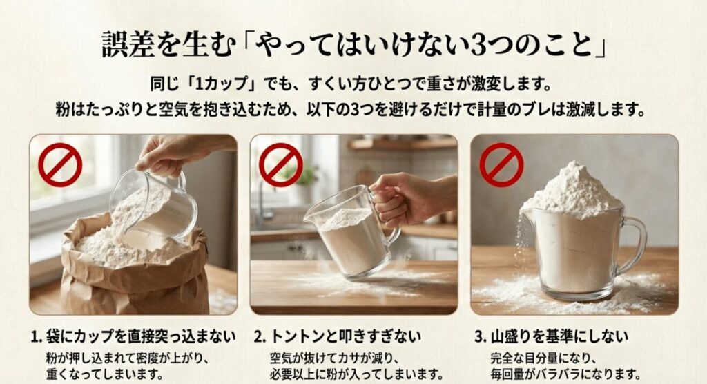 カップ計量でやってはいけない3つのこと：袋に突っ込む、叩きすぎる、山盛りにする