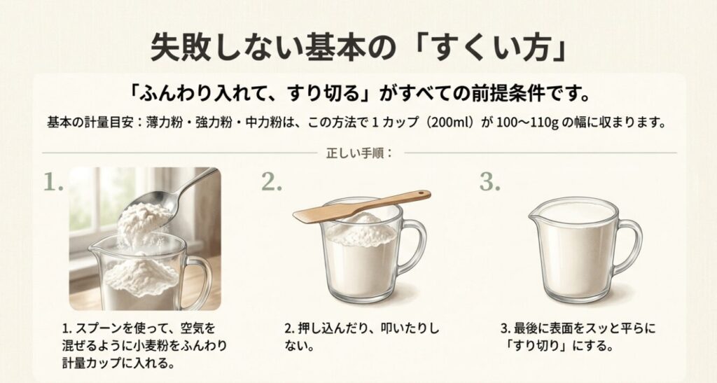 失敗しない基本のすくい方：ふんわり入れてすり切る手順