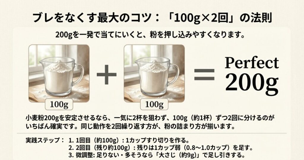ブレをなくすコツ：200gを100gずつ2回に分けて量る法則