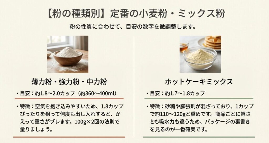 定番の小麦粉・ミックス粉の特徴と計量目安