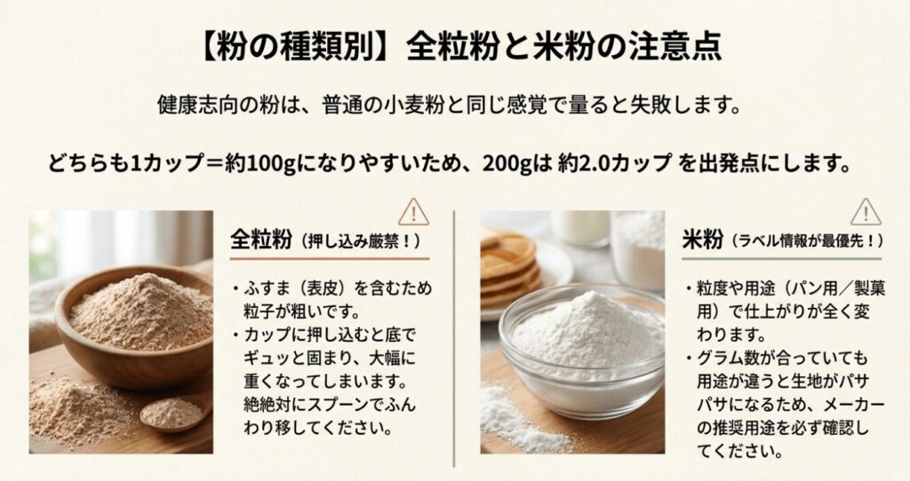 全粒粉と米粉を量る際の注意点と特徴