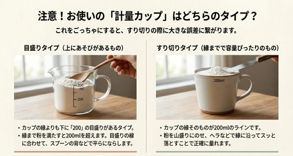 目盛りタイプとすり切りタイプの計量カップの違い