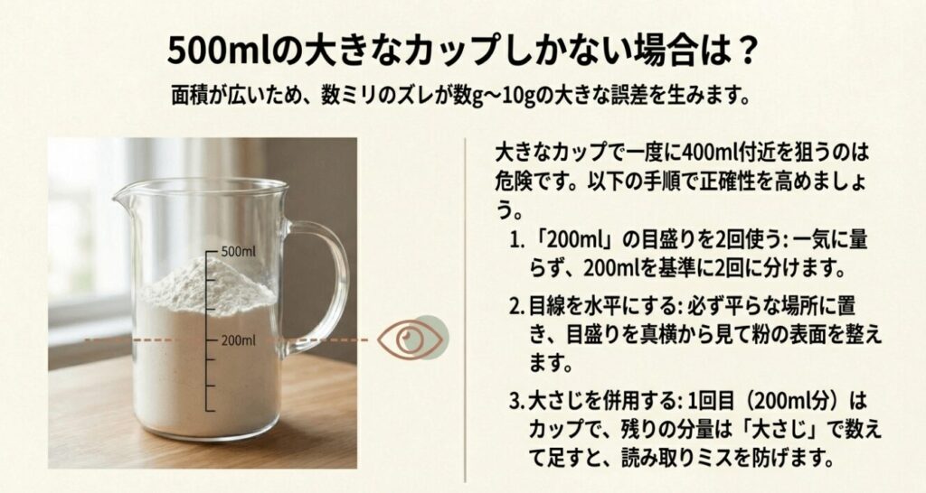 500mlの大きな計量カップで量る際の手順と注意点