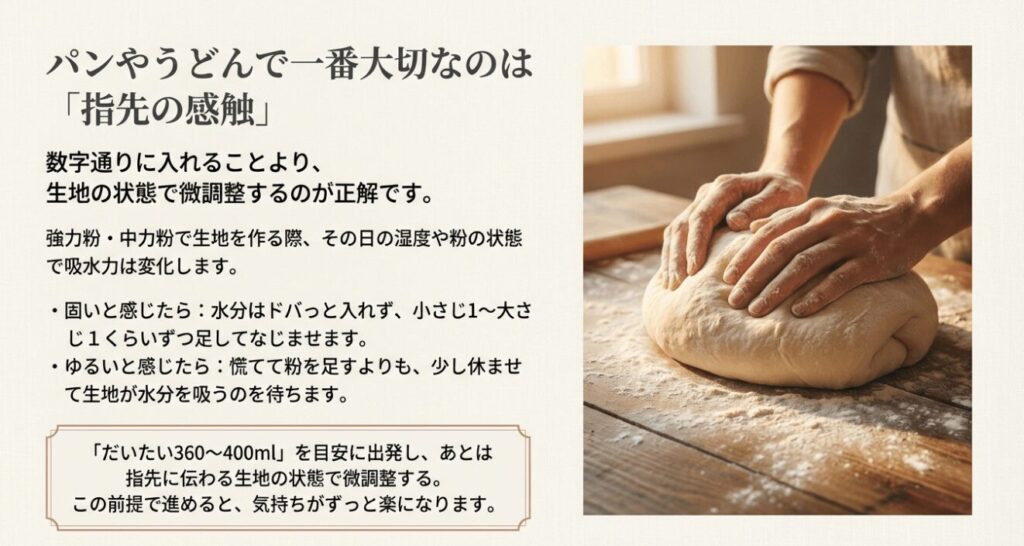 パンやうどん作りで大切なのは指先の感触で生地の状態を見ること