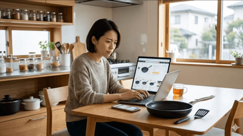 自宅のダイニングでノートパソコンを開き、通販サイトでフライパンを比較検討している女性