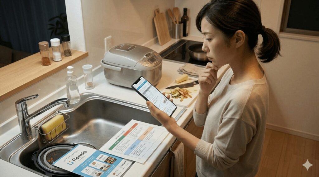 キッチンでスマホの画面を見つめる日本人女性のイメージ図です。彼女の隣にあるシンクには、オートクッカーの内鍋や羽根、ふたなどが置かれており、食洗機が使えないため手洗いが必要であるというデメリットや注意点を表現しています。