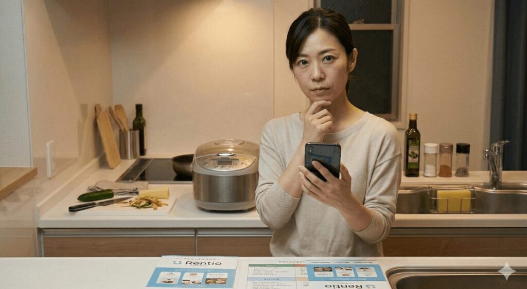 キッチンカウンターに置かれた「Rentio」の冊子と資料を前に、考え込む表情でスマートフォンを持つ日本人女性。背景には炊飯器や調理器具が置かれている。