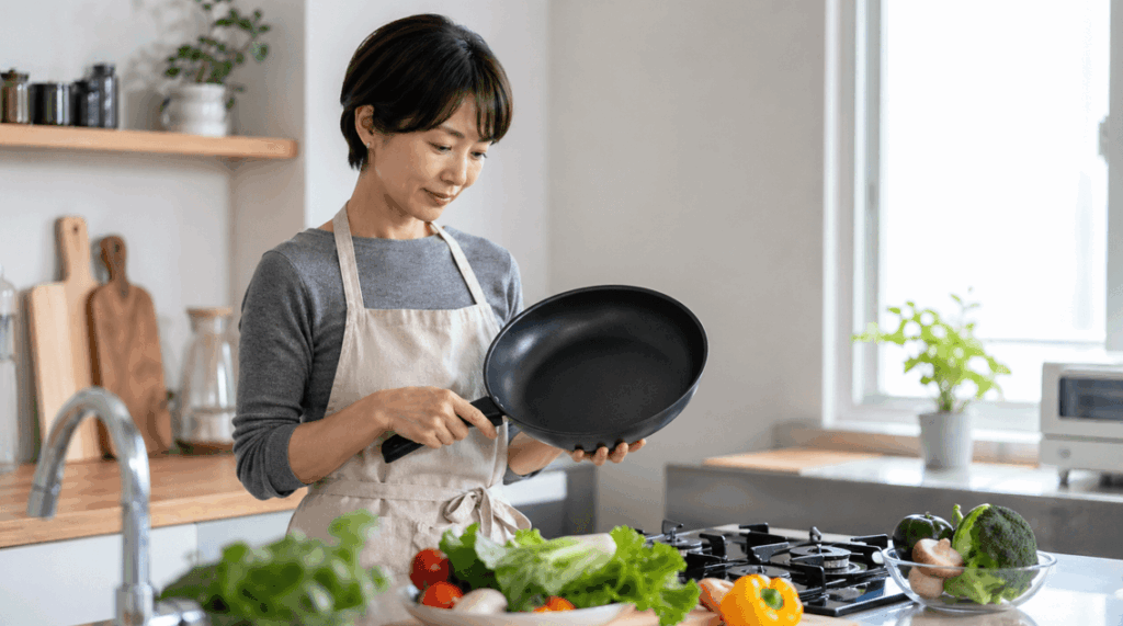 明るいキッチンでエプロン姿の女性が黒いフライパンを手に持ち、軽さや扱いやすさを確かめている様子