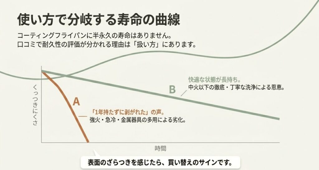 SURUTTOフライパンの寿命は使い方によって変わることを示し、丁寧な扱いが長持ちにつながると説明したスライド。