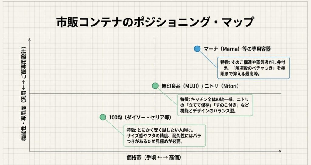 価格帯と機能性でマーナ・無印・100均の保存容器を比較したポジショニングマップ