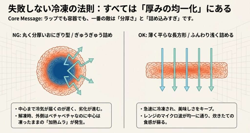 厚く詰めたご飯と平らに詰めたご飯の冷凍・解凍ムラを比較した図