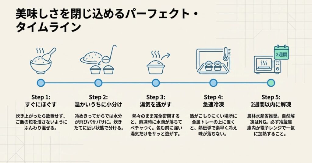 炊き上がりから小分け・粗熱取り・急速冷凍・2週間以内消費までの流れ