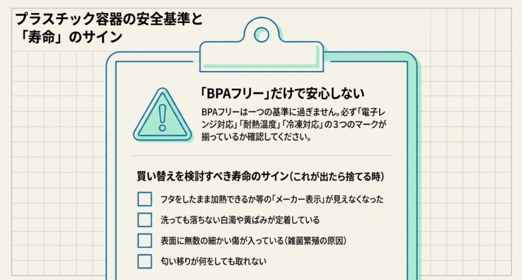 BPAフリーだけで判断せず電子レンジ対応・耐熱温度・冷凍対応を見る注意喚起