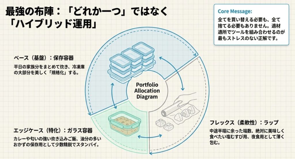 ラップ・保存容器・ガラス容器を目的別に使い分ける図