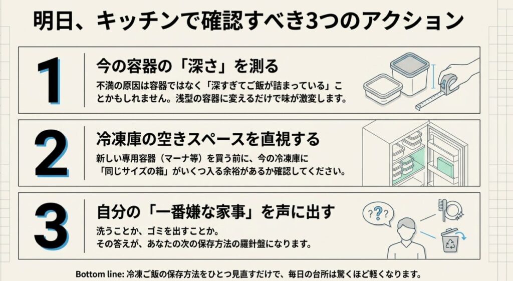 容器の深さ・冷凍庫の空きスペース・一番嫌な家事を確認する3つのアクション