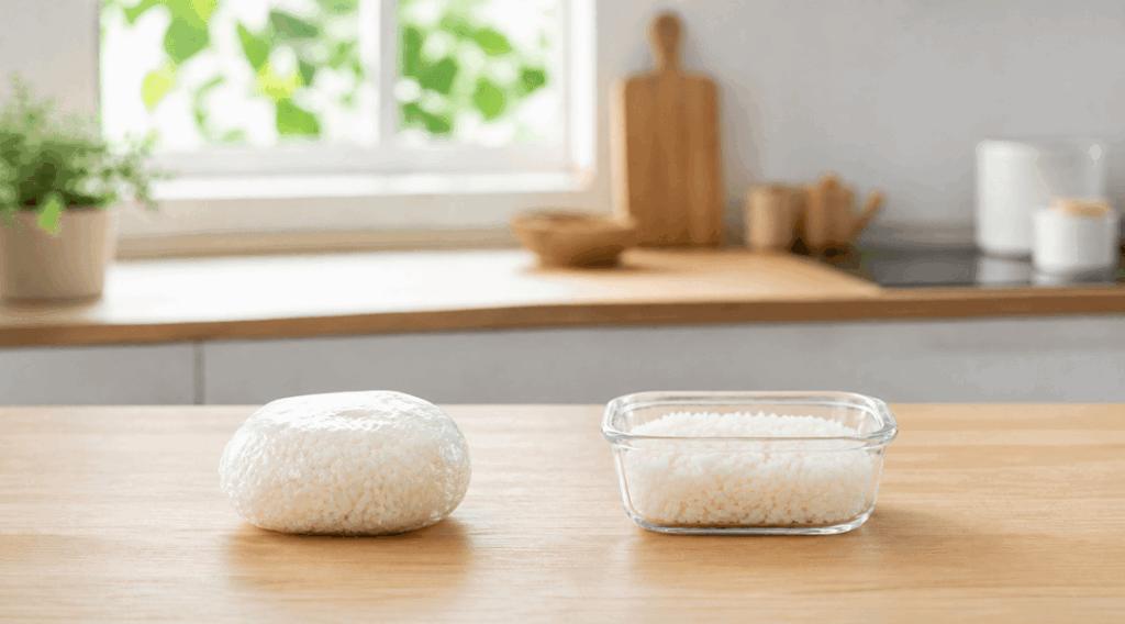 冷凍ご飯をラップで包んだものとガラス容器に入れたものを並べ、保存方法の違いを比較している様子