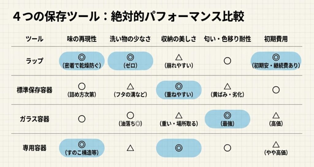 冷凍ご飯の保存方法を味・洗い物・収納・匂い・費用で比較した表