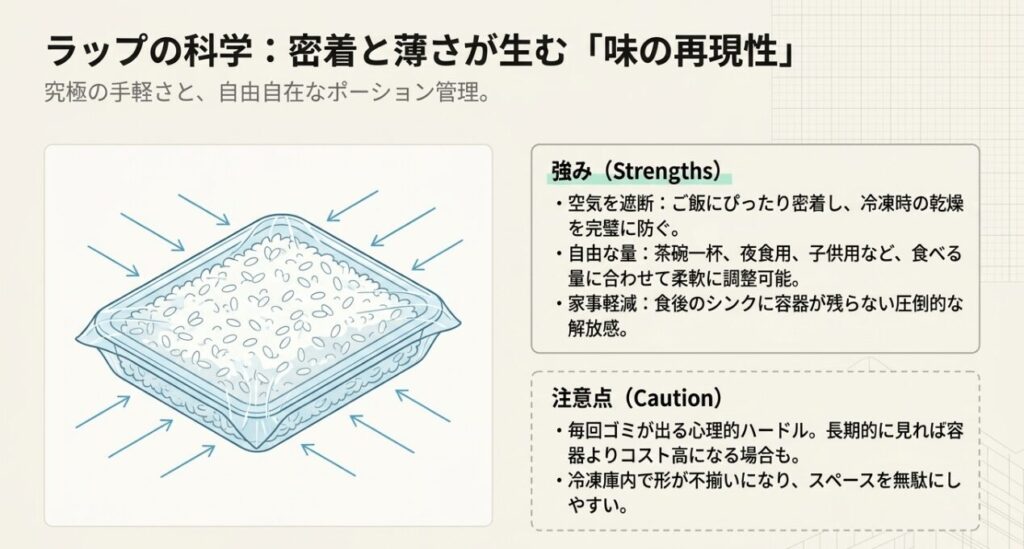 ラップがご飯に密着して乾燥を防ぐ仕組みを示した図